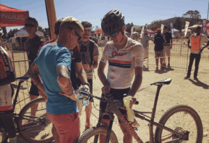 John Wakefield with Alan Hatherly at a Stellenbosch XCO race.